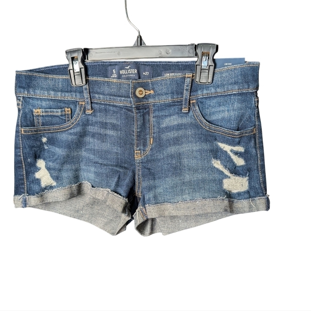 New Hollister Women's Blue Jean Denim Shorts Distressed Style Low Rise Fitted - Picture 8 of 9